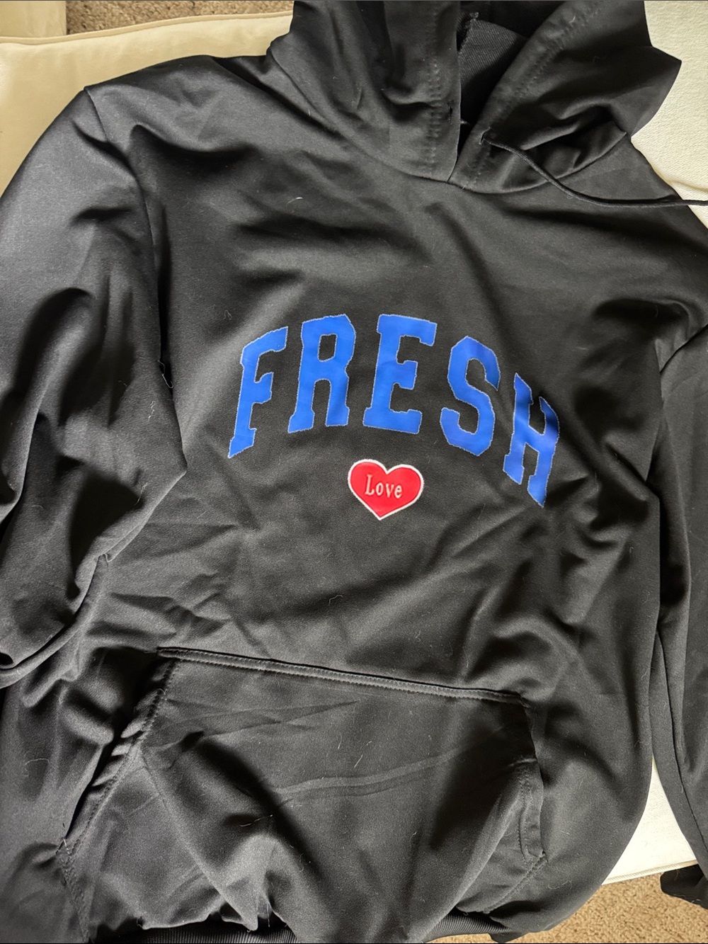 Black 'FRESH' Logo Hoodie with Blue Appliqué and Red Heart